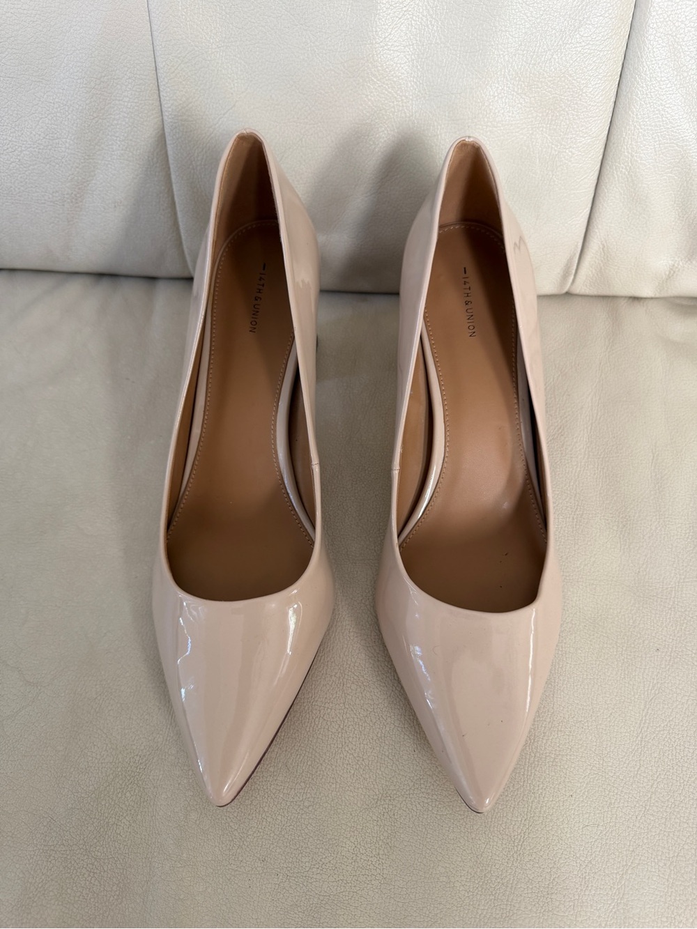 14th & Union pumps feature a glossy patent finish in a soft nude tone, size 12
